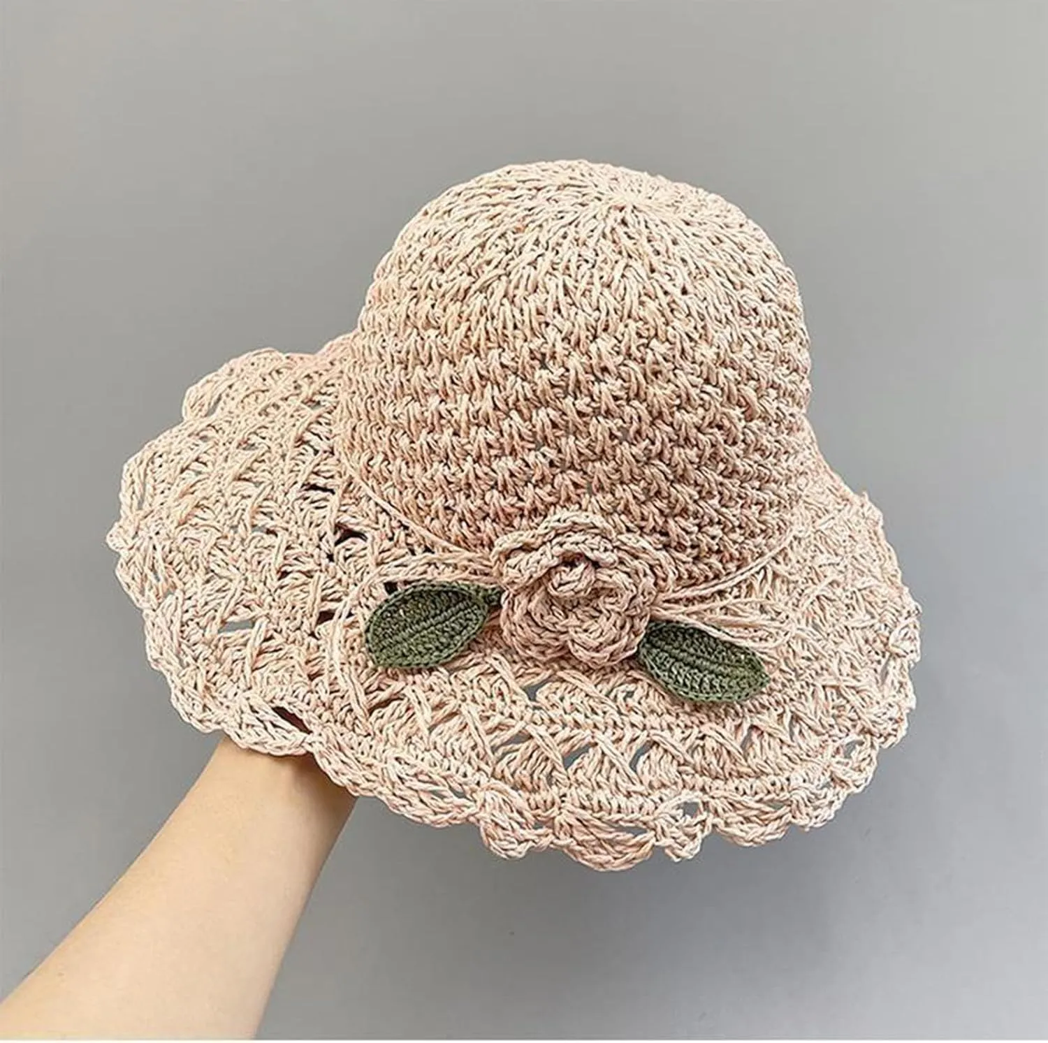 Elegant Crochet Straw Hat with Ruffle Detail, Crochet Ruffle Hats for Women, UV Protection Wide Brim Sun Hat