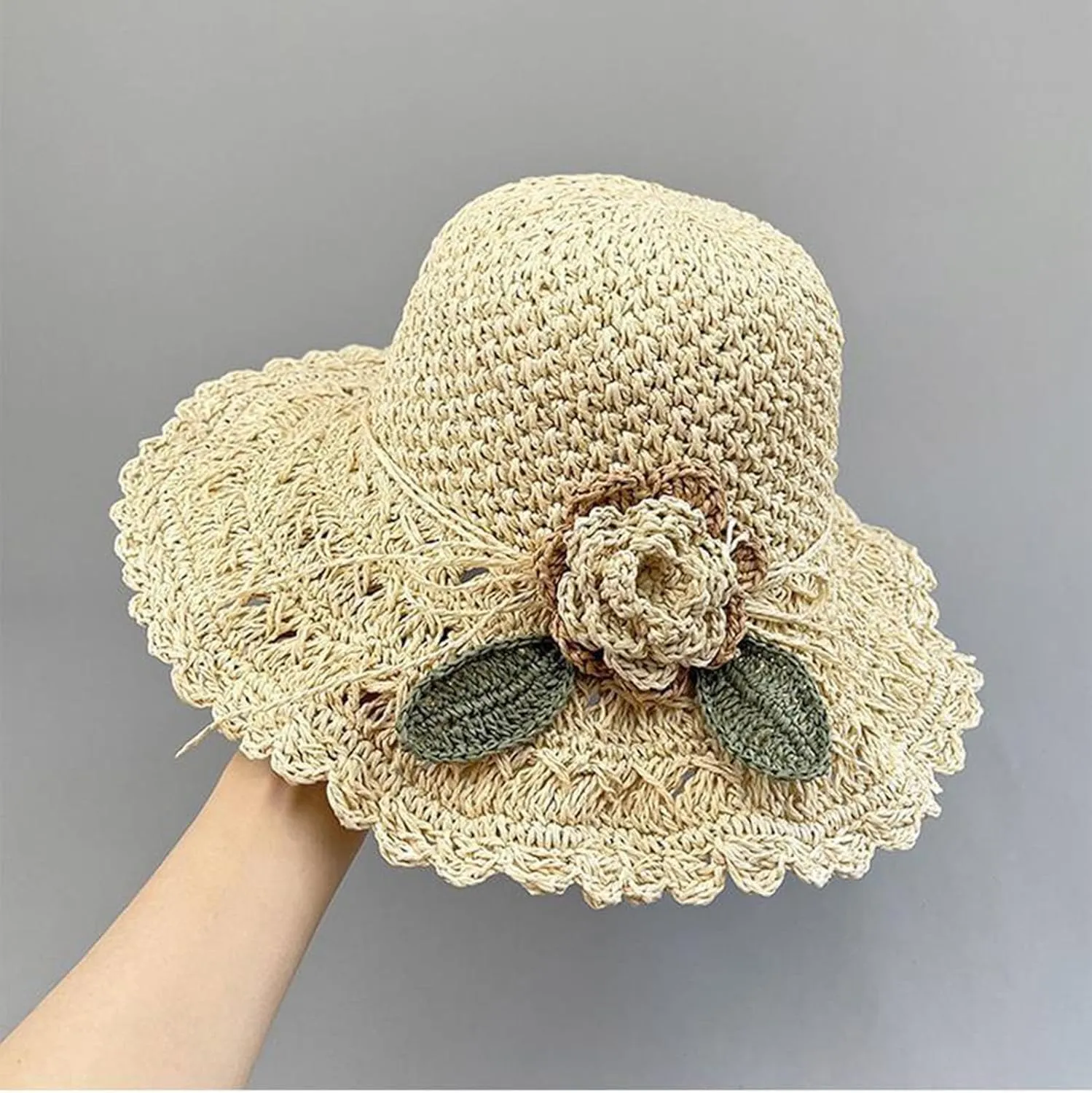 Elegant Crochet Straw Hat with Ruffle Detail, Crochet Ruffle Hats for Women, UV Protection Wide Brim Sun Hat