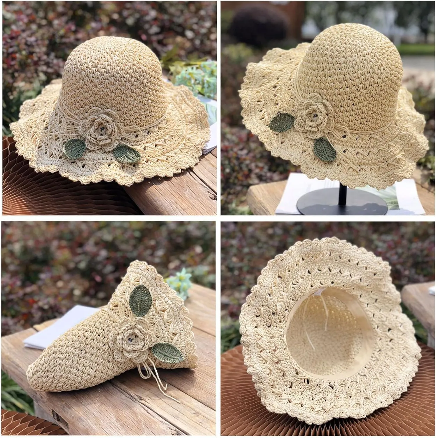 Elegant Crochet Straw Hat with Ruffle Detail, Crochet Ruffle Hats for Women, UV Protection Wide Brim Sun Hat