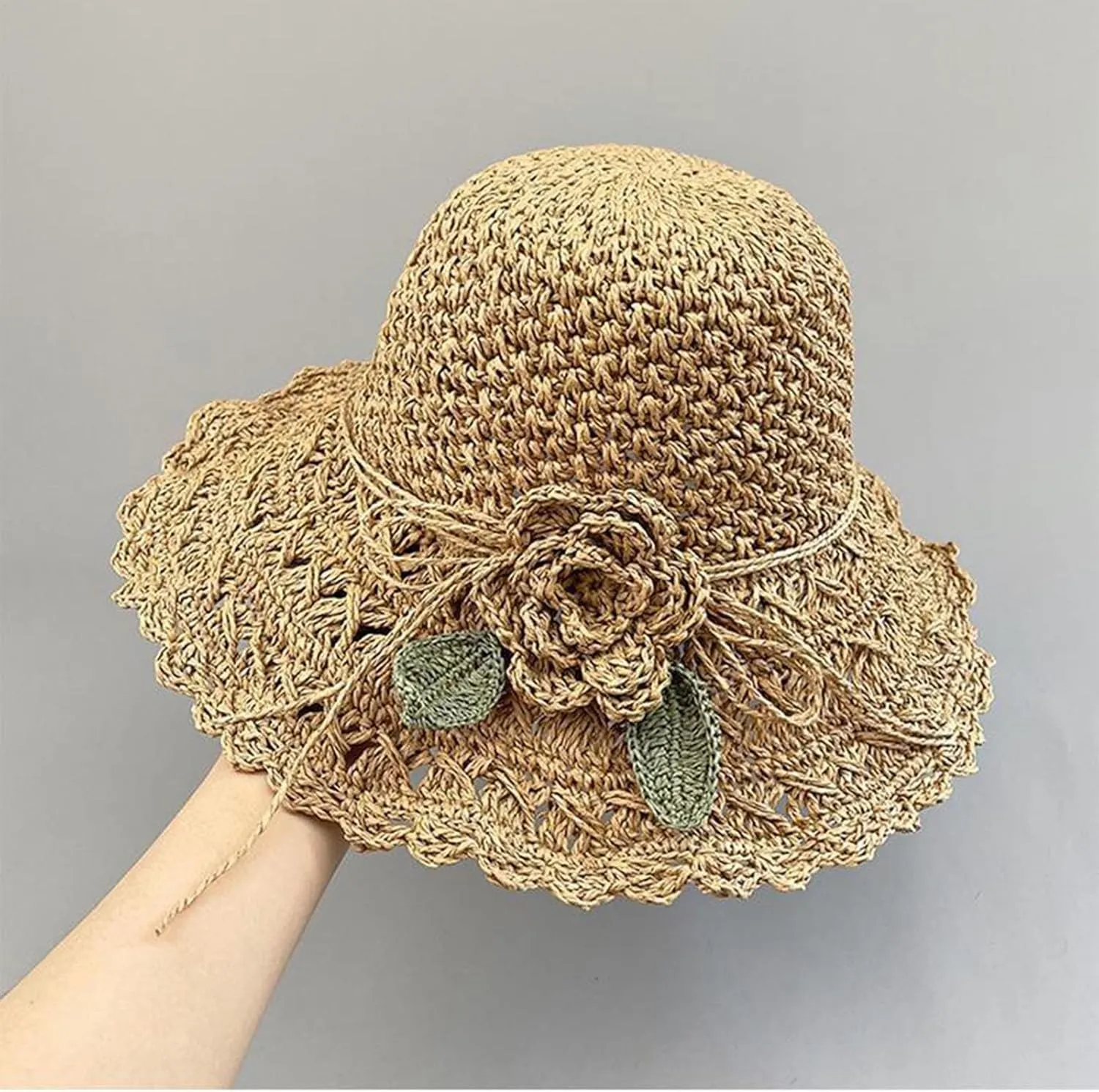 Elegant Crochet Straw Hat with Ruffle Detail, Crochet Ruffle Hats for Women, UV Protection Wide Brim Sun Hat