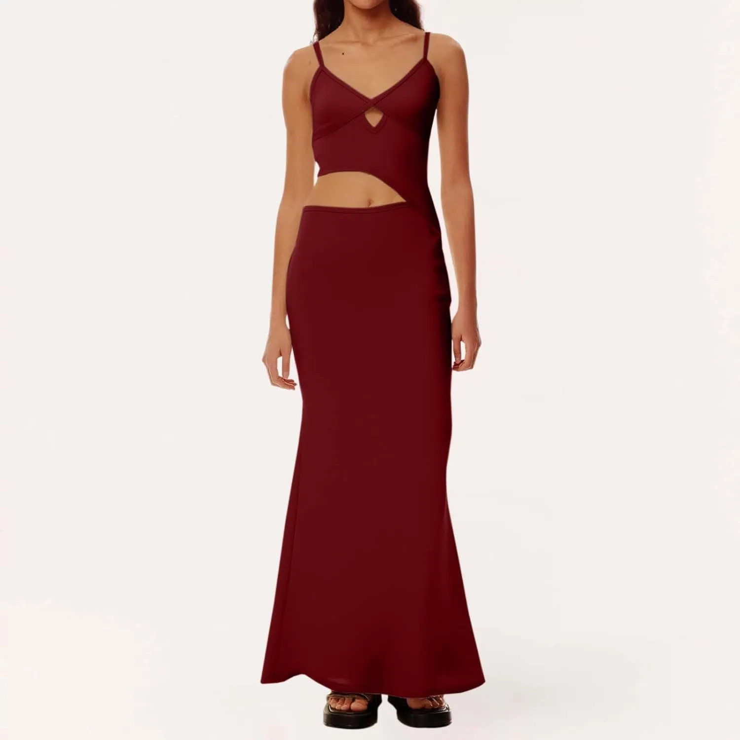 Elegant Women's Deep V Neck Hollow Out Asymmetrical Color Block Dress  Stylish Sleeveless Casual Dress for