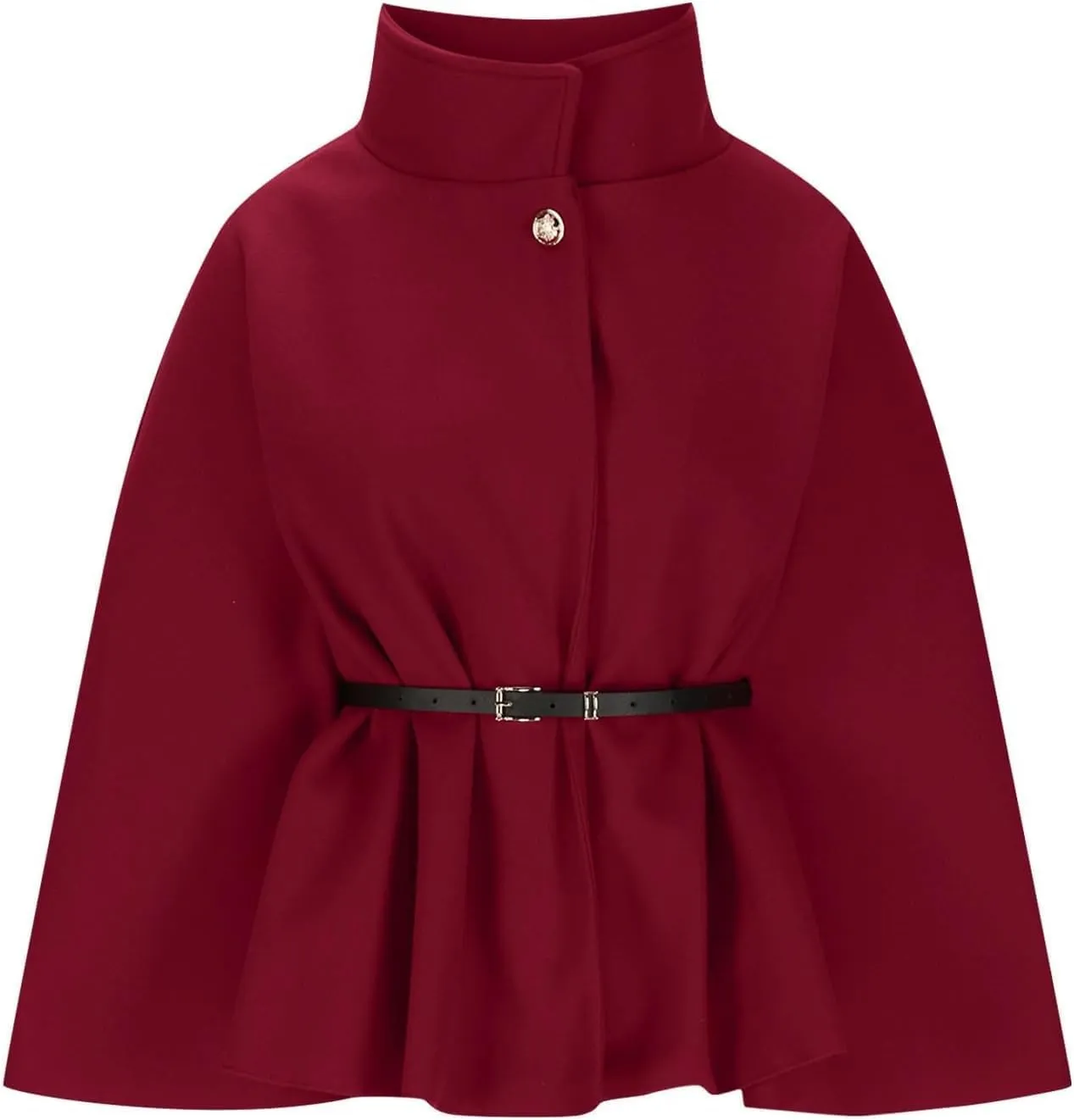 Elegant Womens Winter Coat - Wool Blend Batwing Poncho Cape Jacket with Belt and Stand Collar, Stylish Outerwear