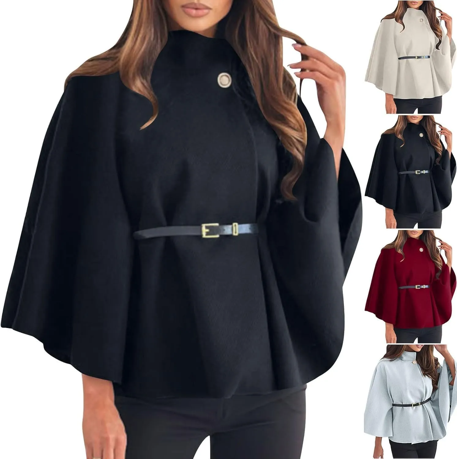 Elegant Womens Winter Coat - Wool Blend Batwing Poncho Cape Jacket with Belt and Stand Collar, Stylish Outerwear