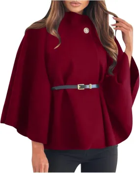 Elegant Womens Winter Coat - Wool Blend Batwing Poncho Cape Jacket with Belt and Stand Collar, Stylish Outerwear