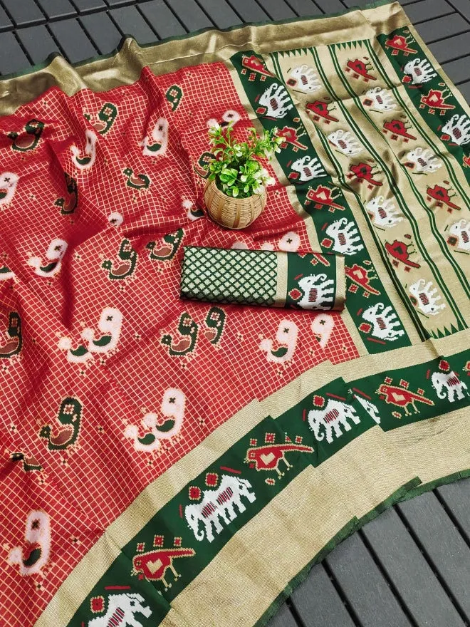 Eloquence Red Soft Silk Saree With Conflate Blouse Piece