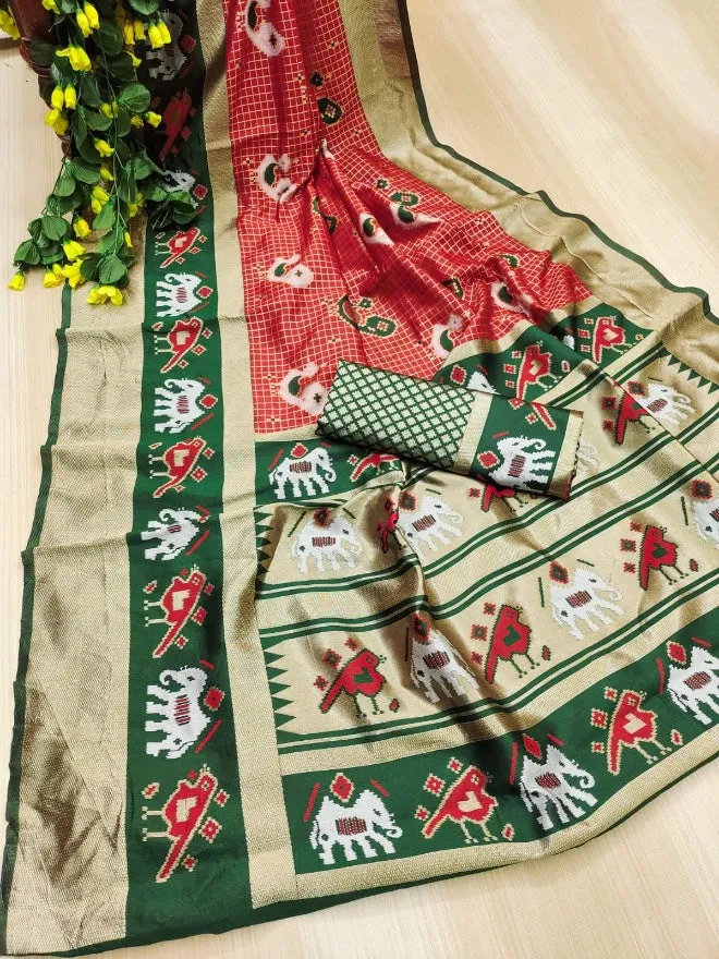 Eloquence Red Soft Silk Saree With Conflate Blouse Piece
