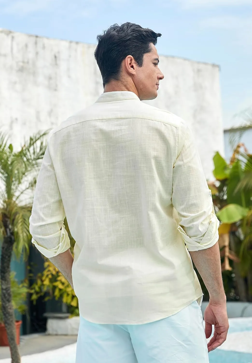 Enlision Mens Cotton Linen Henley Shirts Long Sleeve Casual Shirt Summer Beach Hippie T-Shirt Band Collar Shirt & Pocket