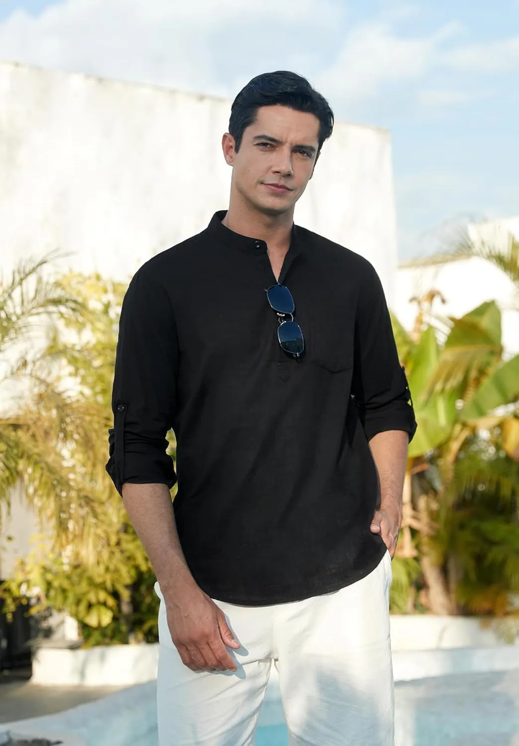 Enlision Mens Cotton Linen Henley Shirts Long Sleeve Casual Shirt Summer Beach Hippie T-Shirt Band Collar Shirt & Pocket