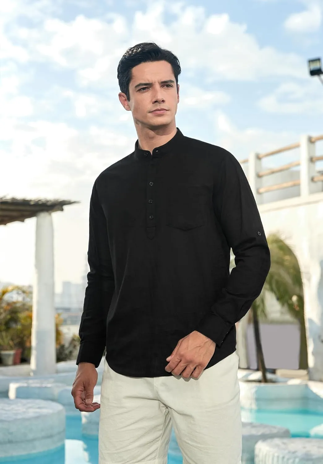 Enlision Mens Cotton Linen Henley Shirts Long Sleeve Casual Shirt Summer Beach Hippie T-Shirt Band Collar Shirt & Pocket