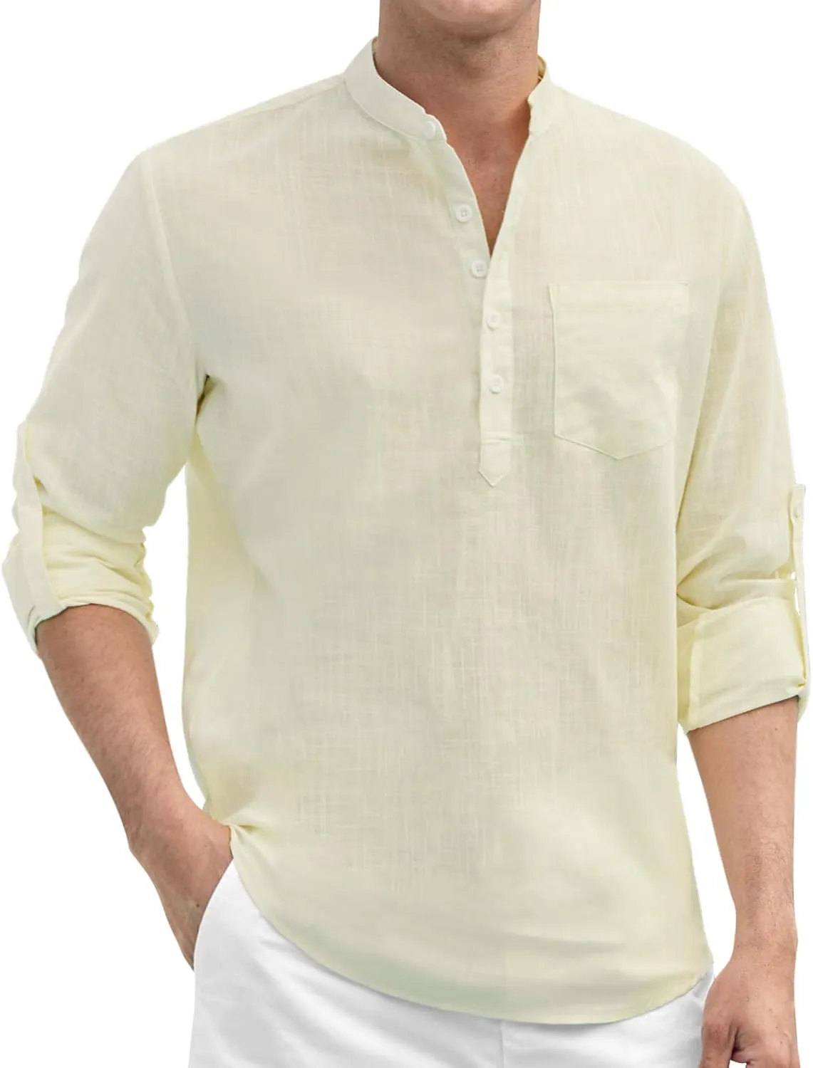 Enlision Mens Cotton Linen Henley Shirts Long Sleeve Casual Shirt Summer Beach Hippie T-Shirt Band Collar Shirt & Pocket