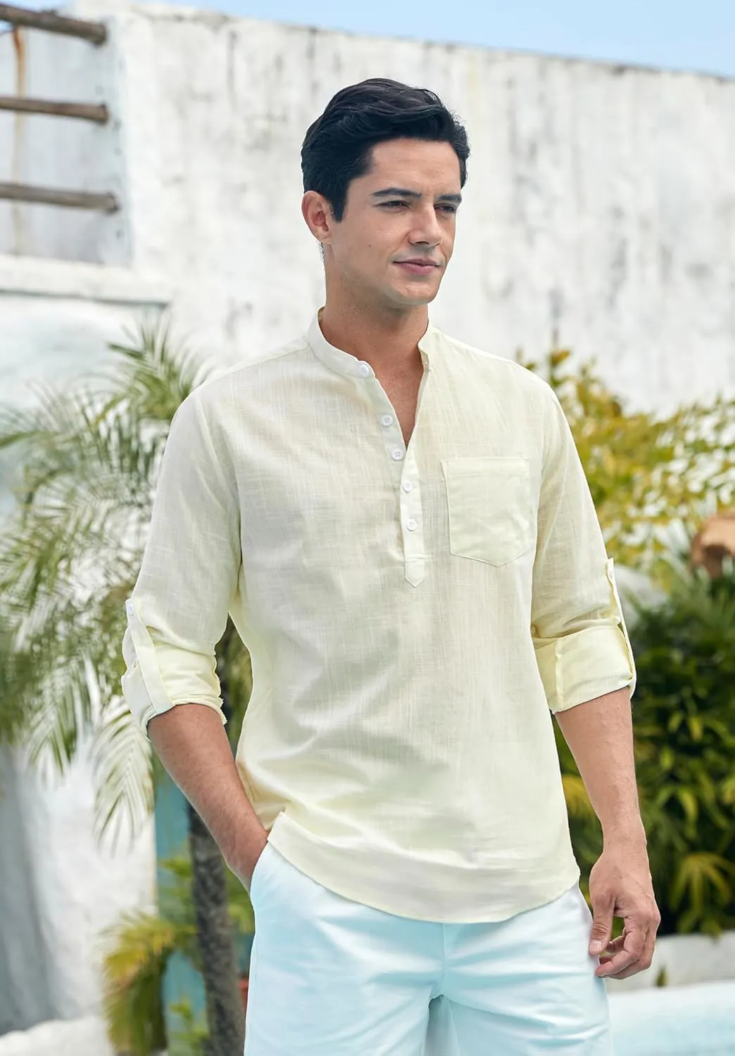 Enlision Mens Cotton Linen Henley Shirts Long Sleeve Casual Shirt Summer Beach Hippie T-Shirt Band Collar Shirt & Pocket