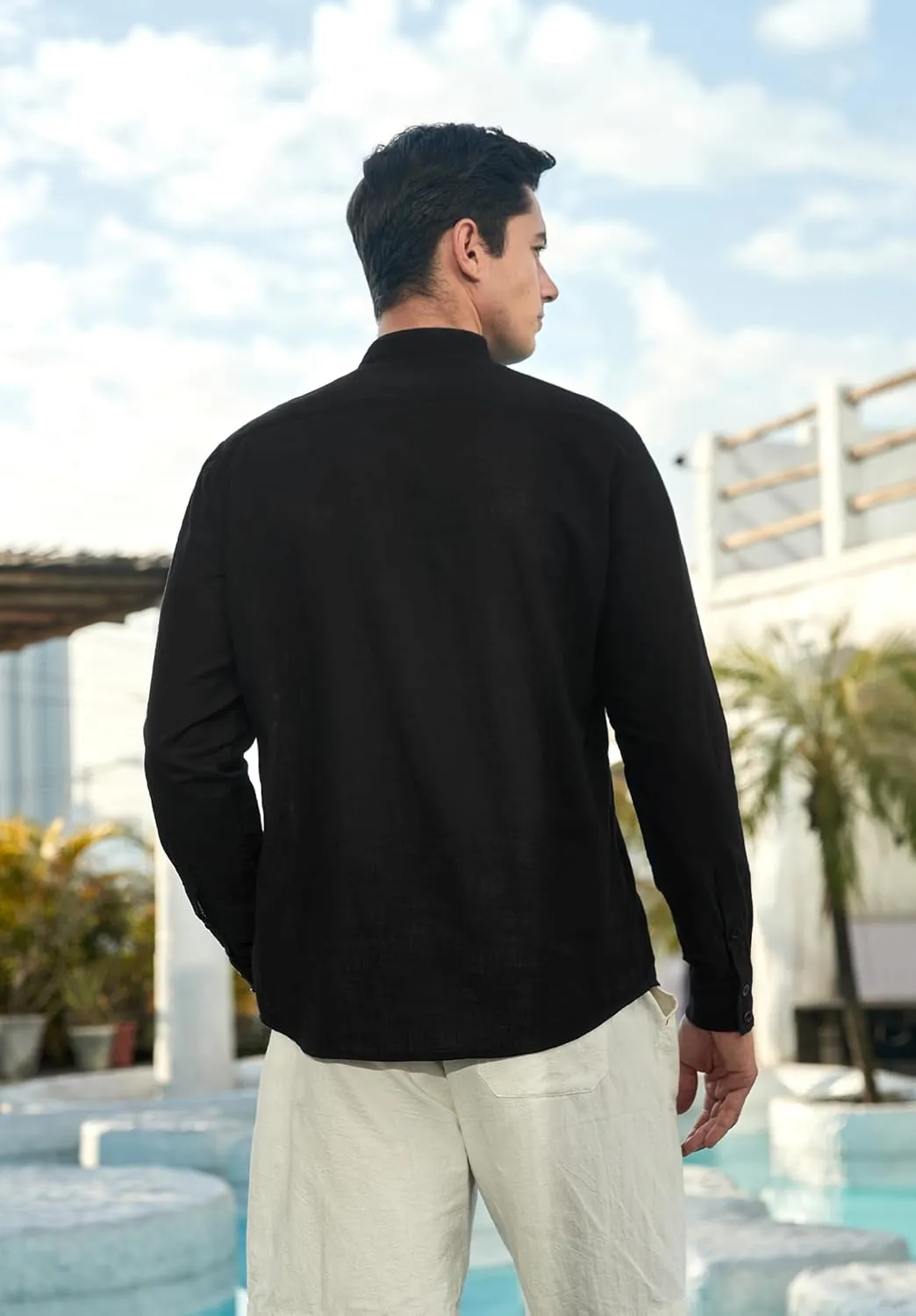 Enlision Mens Cotton Linen Henley Shirts Long Sleeve Casual Shirt Summer Beach Hippie T-Shirt Band Collar Shirt & Pocket