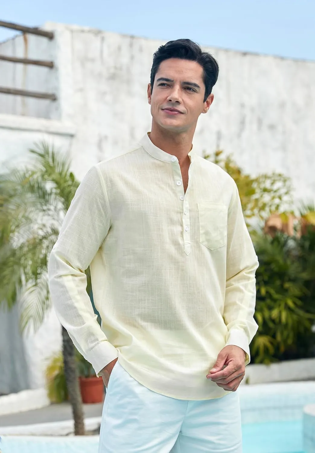 Enlision Mens Cotton Linen Henley Shirts Long Sleeve Casual Shirt Summer Beach Hippie T-Shirt Band Collar Shirt & Pocket