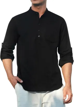Enlision Mens Cotton Linen Henley Shirts Long Sleeve Casual Shirt Summer Beach Hippie T-Shirt Band Collar Shirt & Pocket