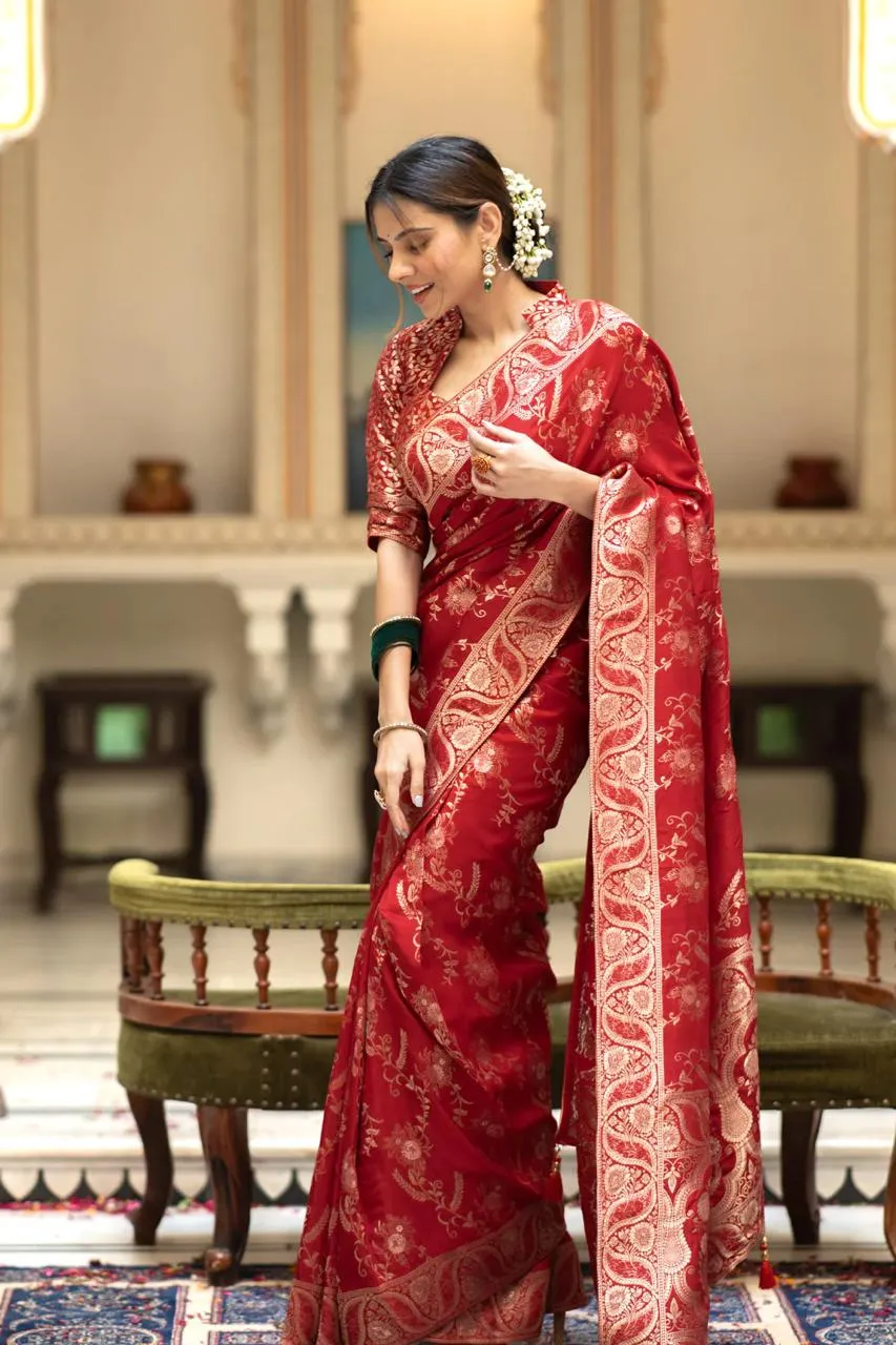 Ephemeral Red Soft Silk Saree With Traditional Blouse Piece