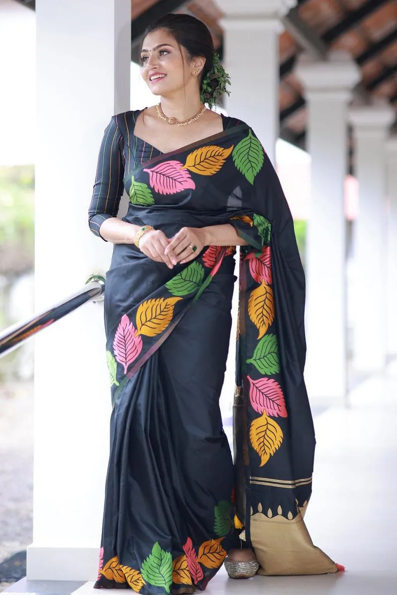 Exceptional Black Soft Silk Saree With Beautiful Blouse Piece