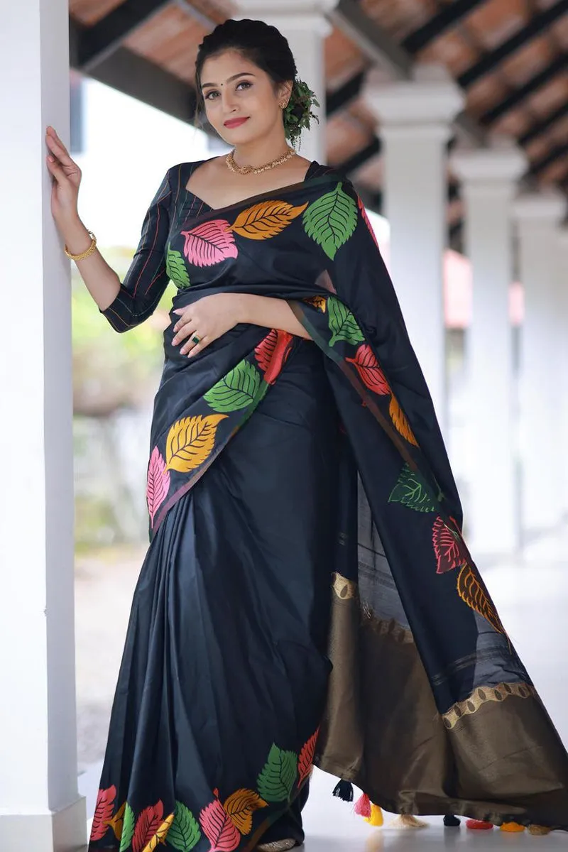 Exceptional Black Soft Silk Saree With Beautiful Blouse Piece