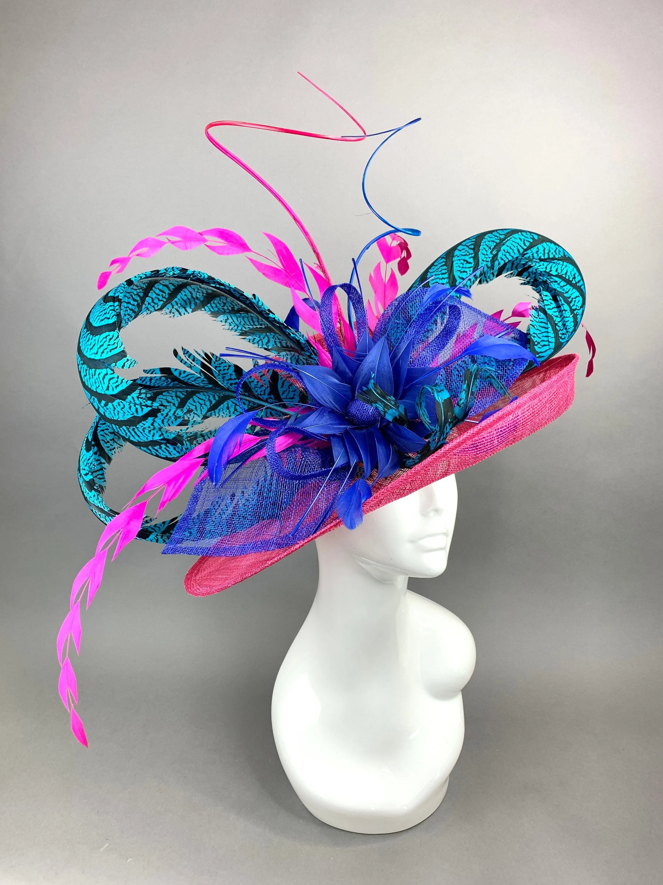 FUCHSIA HAT W/TURQUOISE LADY AMHERST FEATHERS