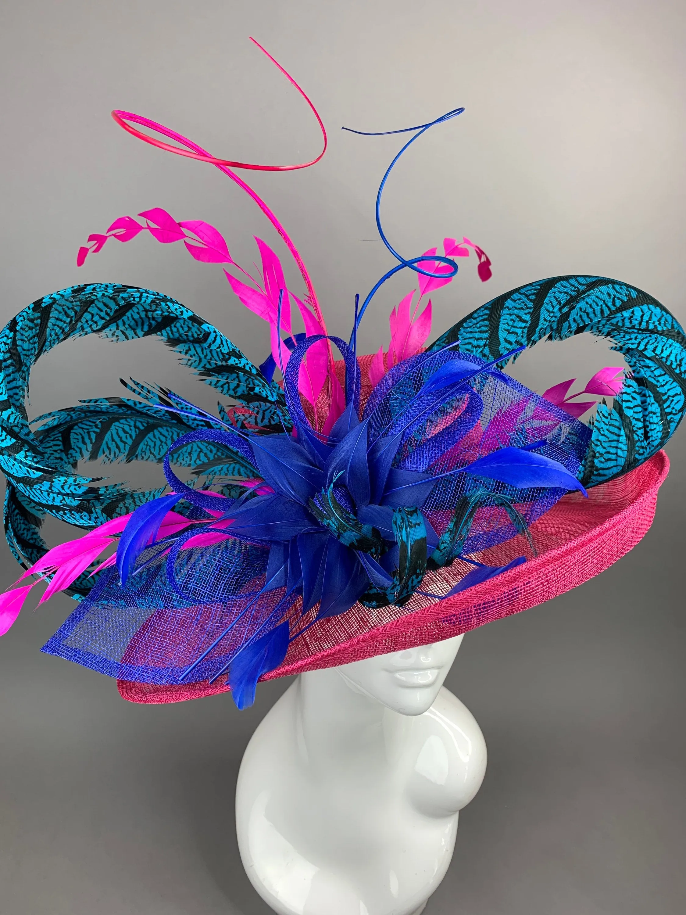 FUCHSIA HAT W/TURQUOISE LADY AMHERST FEATHERS