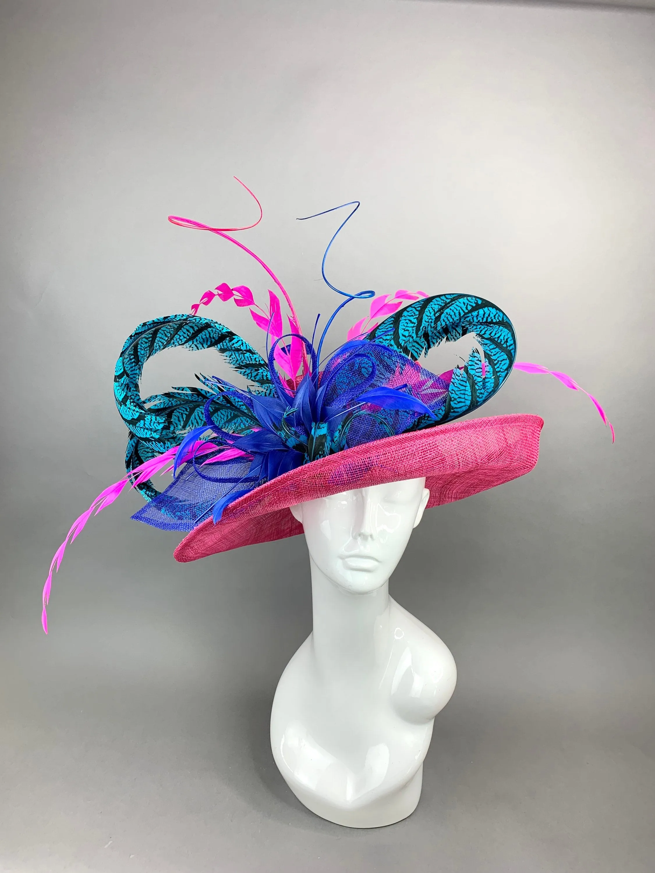 FUCHSIA HAT W/TURQUOISE LADY AMHERST FEATHERS