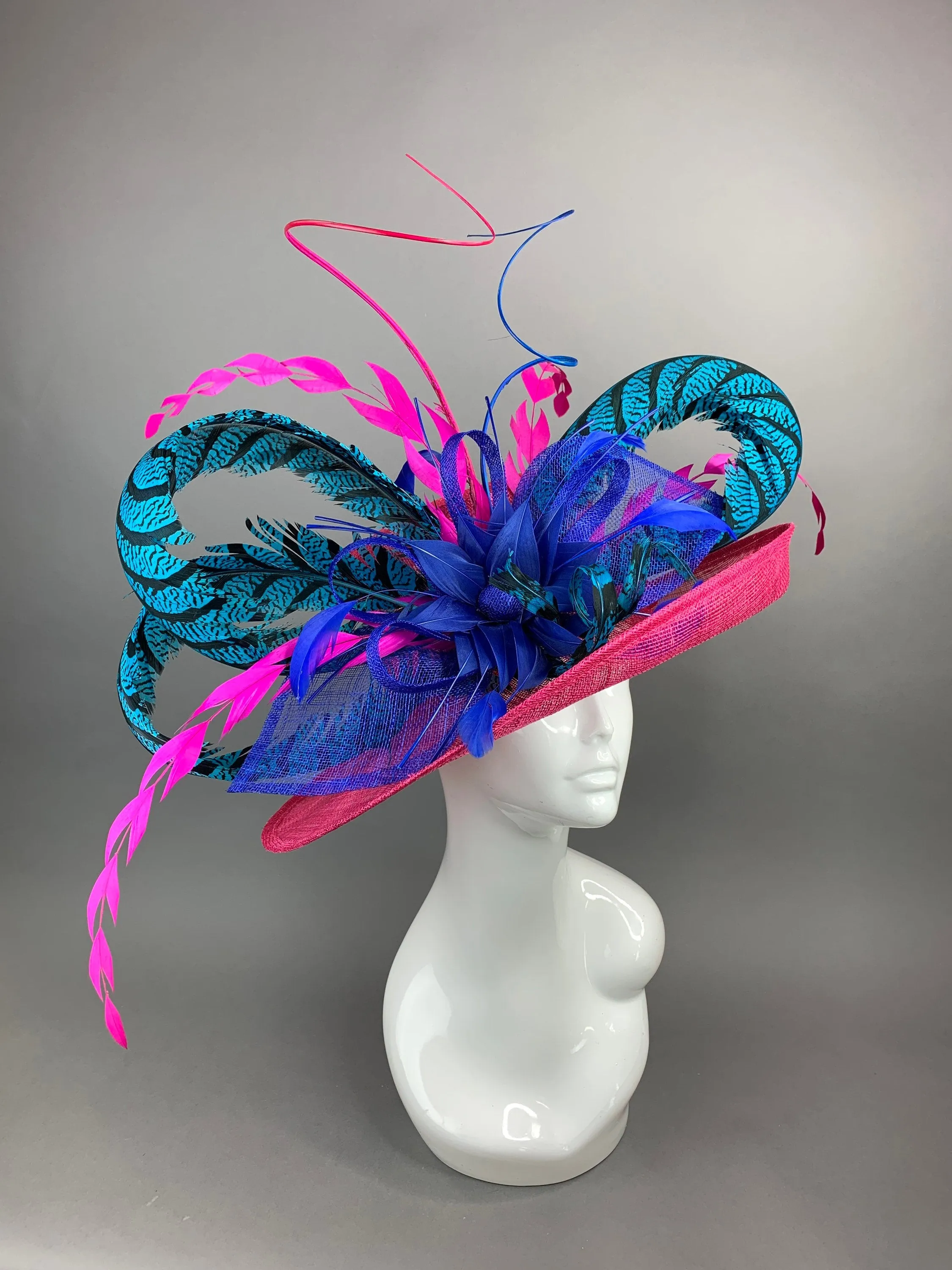 FUCHSIA HAT W/TURQUOISE LADY AMHERST FEATHERS