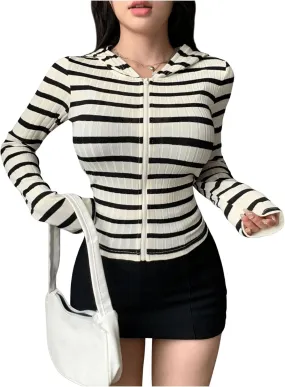 GORGLITTER Women's Striped Light Weight Zip Up Hoodie Long Sleeve Lightweight Workout Tops Spring Cropped Jacket 2025