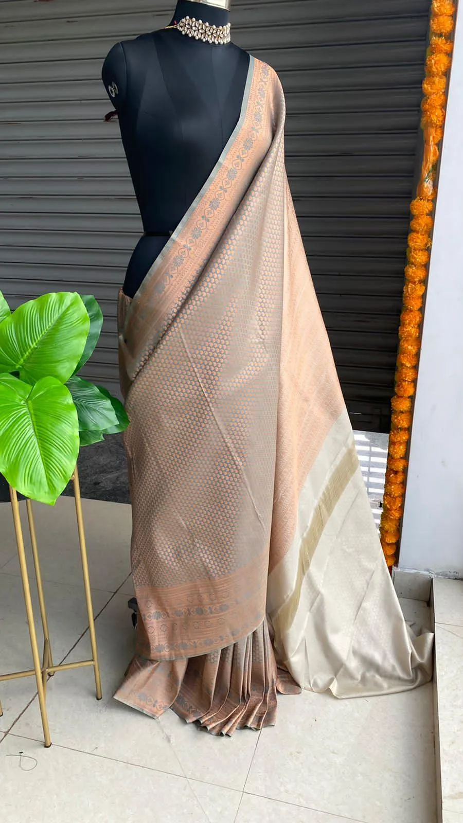 Grey and peach Silk saree with blouse
