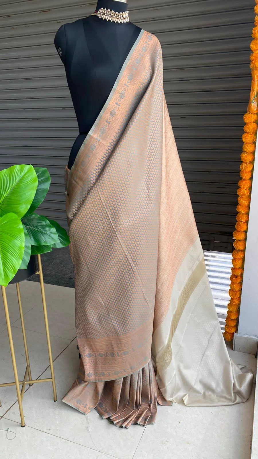 Grey and peach Silk saree with blouse