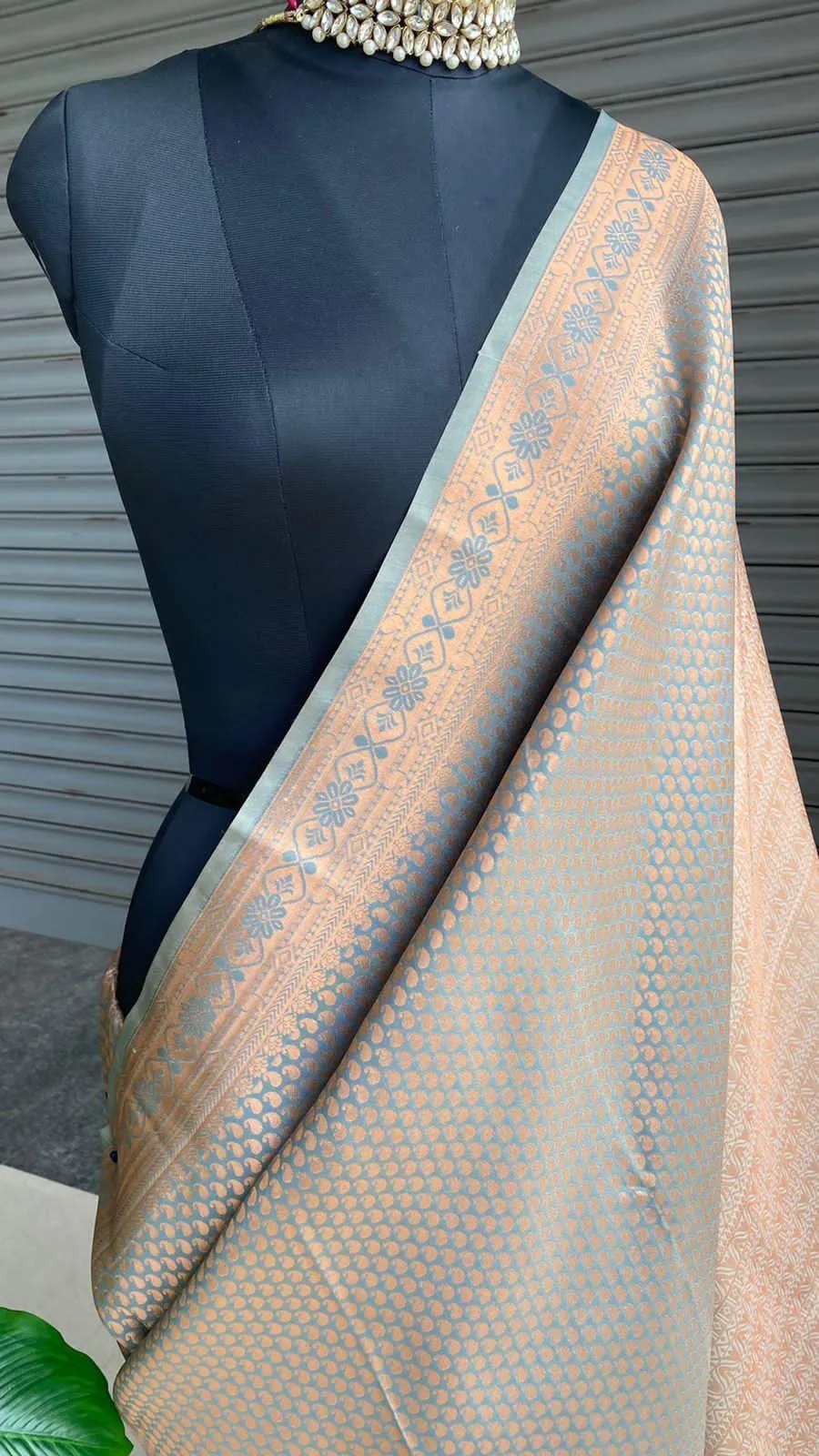 Grey and peach Silk saree with blouse