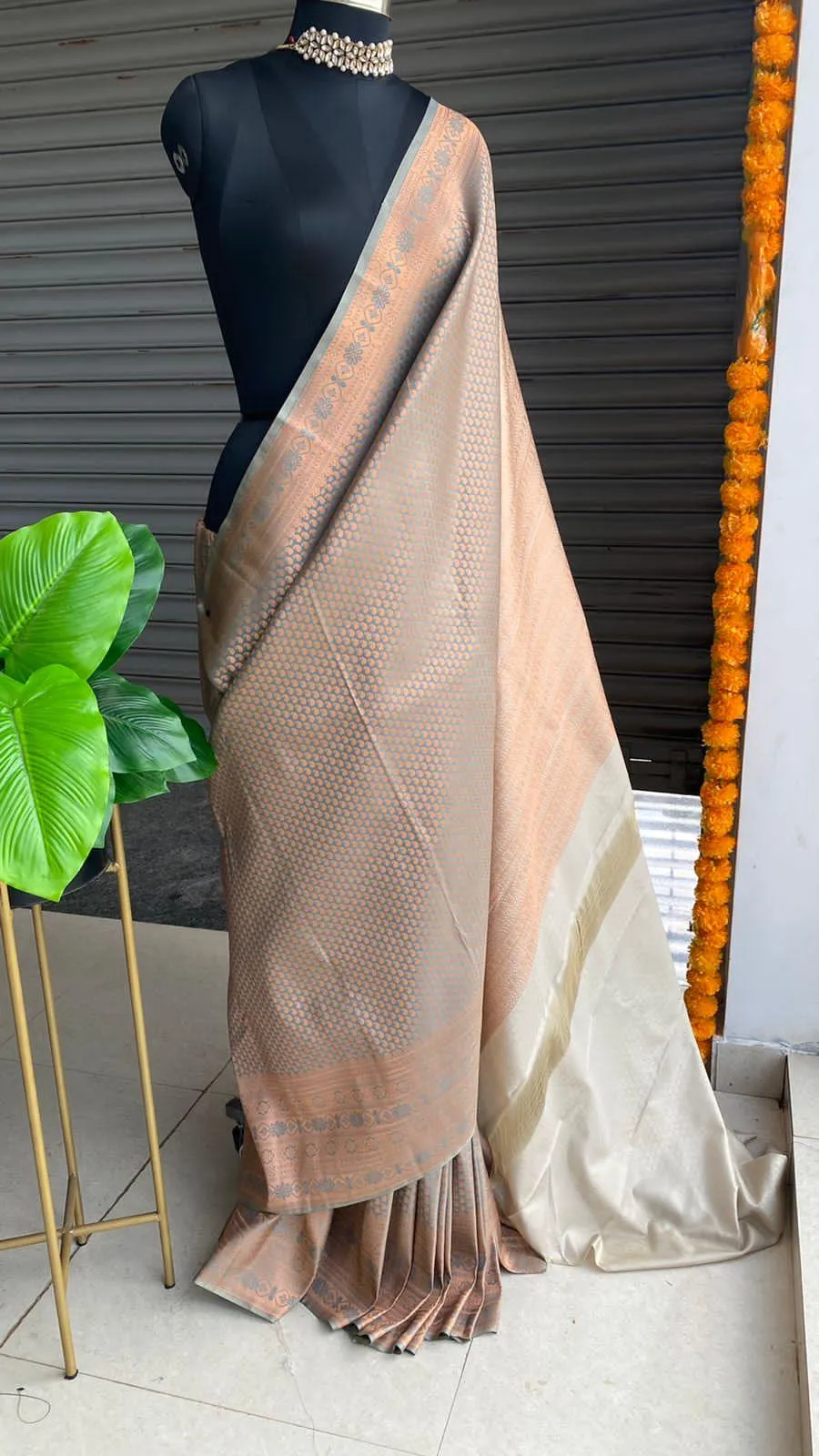 Grey and peach Silk saree with blouse