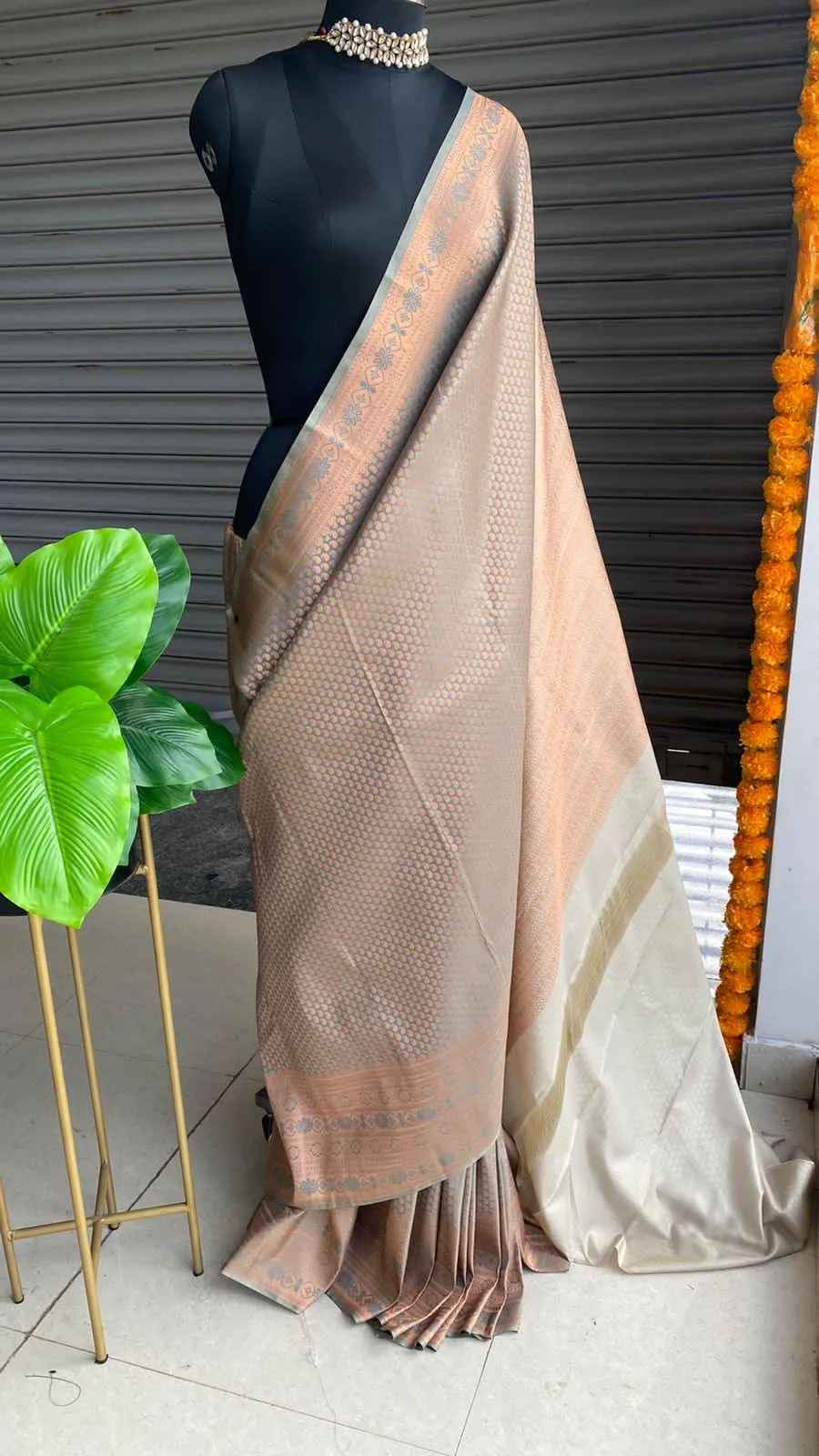 Grey and peach Silk saree with blouse