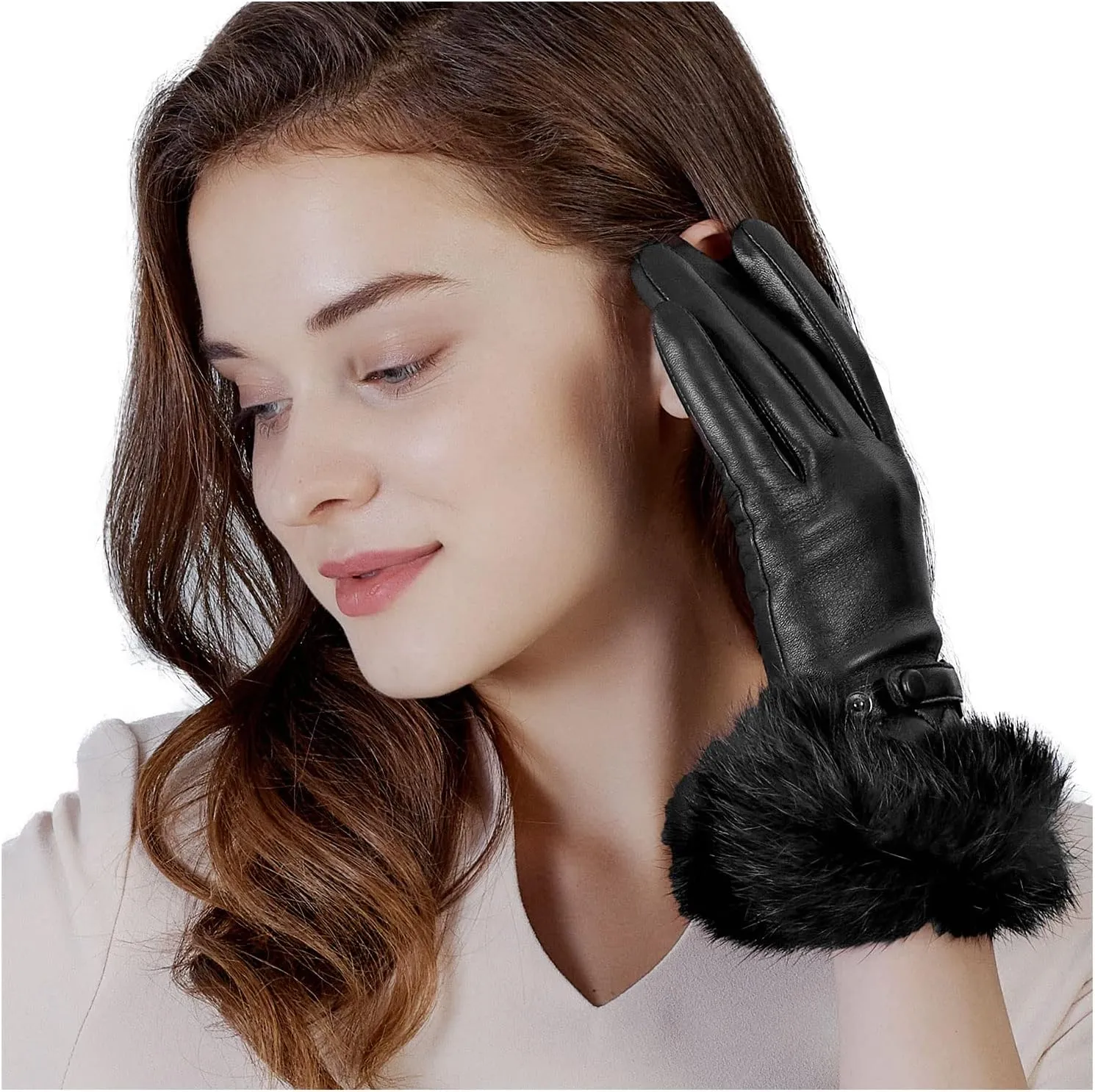 GSG Women Leather Gloves Luxury Rabbit Fur Cuff Winter Touchscreen Warm Driving Gloves
