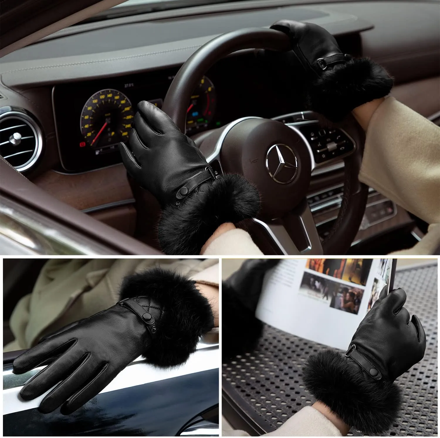 GSG Women Leather Gloves Luxury Rabbit Fur Cuff Winter Touchscreen Warm Driving Gloves