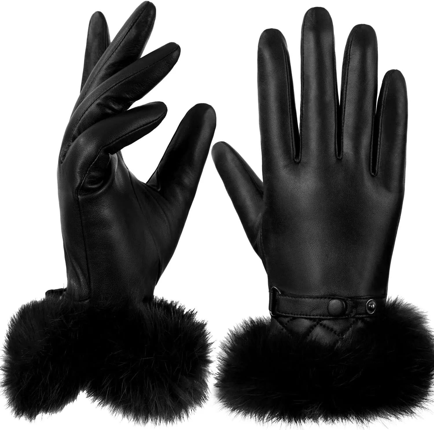 GSG Women Leather Gloves Luxury Rabbit Fur Cuff Winter Touchscreen Warm Driving Gloves