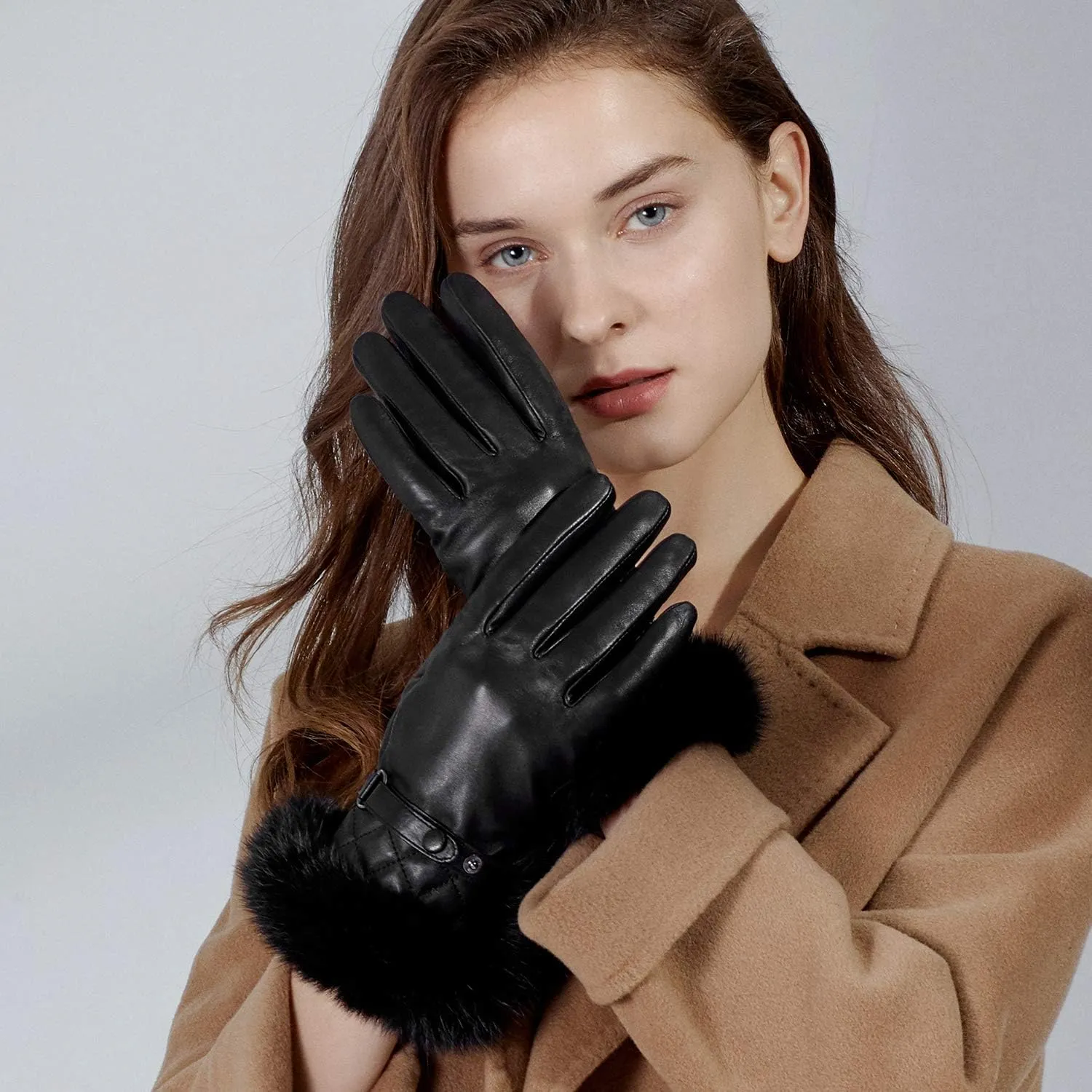 GSG Women Leather Gloves Luxury Rabbit Fur Cuff Winter Touchscreen Warm Driving Gloves