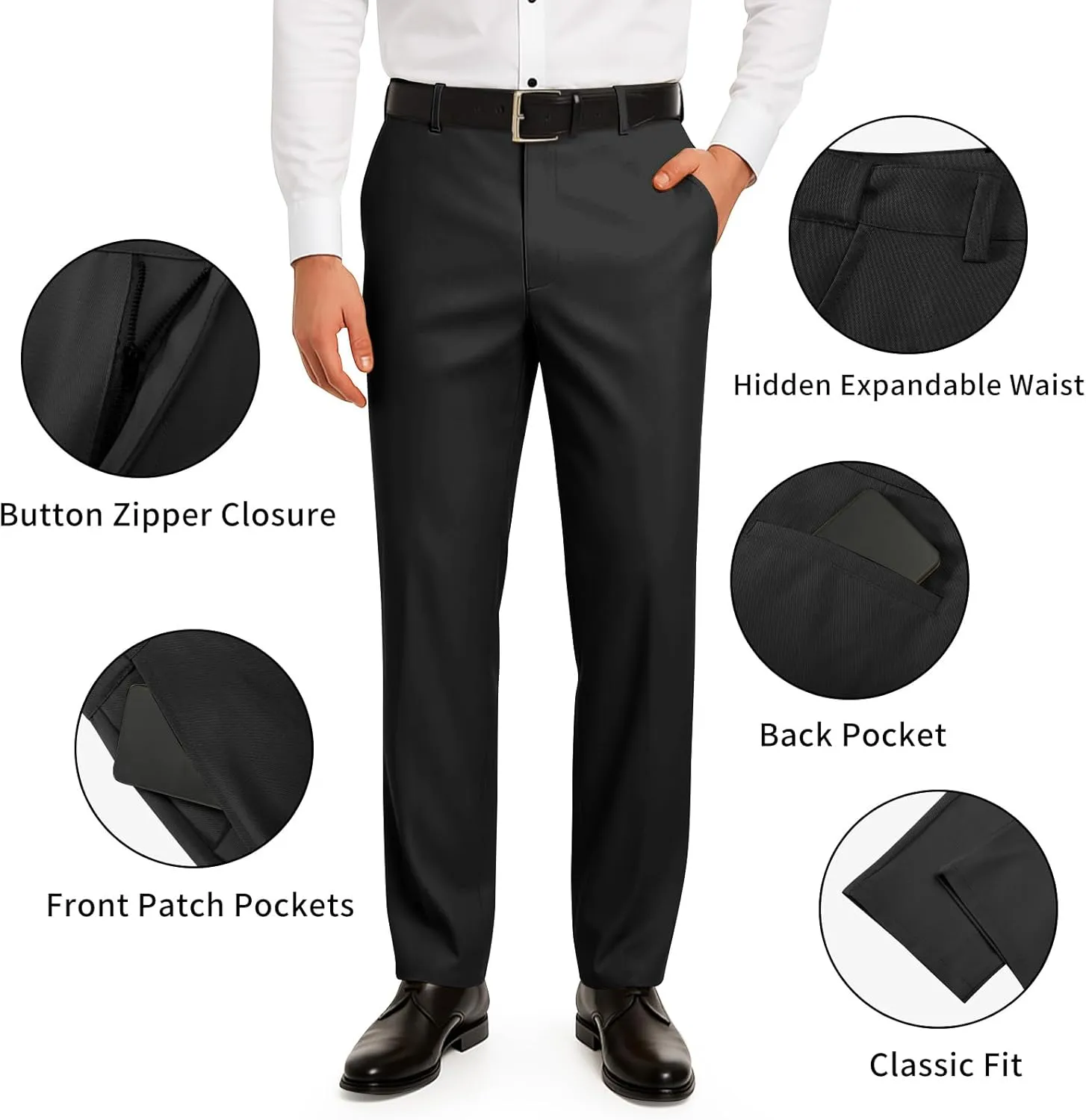 Heyfanee Men's Dress Pants Slim Fit Stretch Expandable Waist Flat Front Chinos Pants for Men