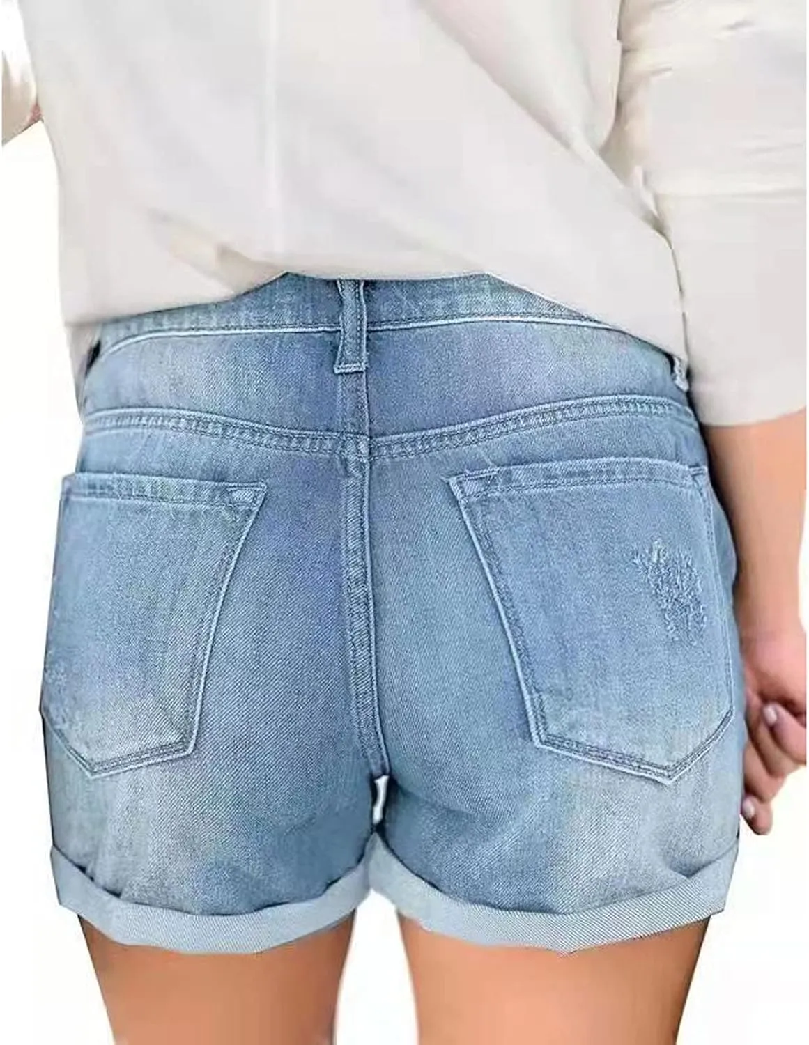 iLH Women's Sexy Summer Mid Waist Ripped Jean, Women's High Waisted Rolled Hem Distressed Jeans Ripped Denim Shorts