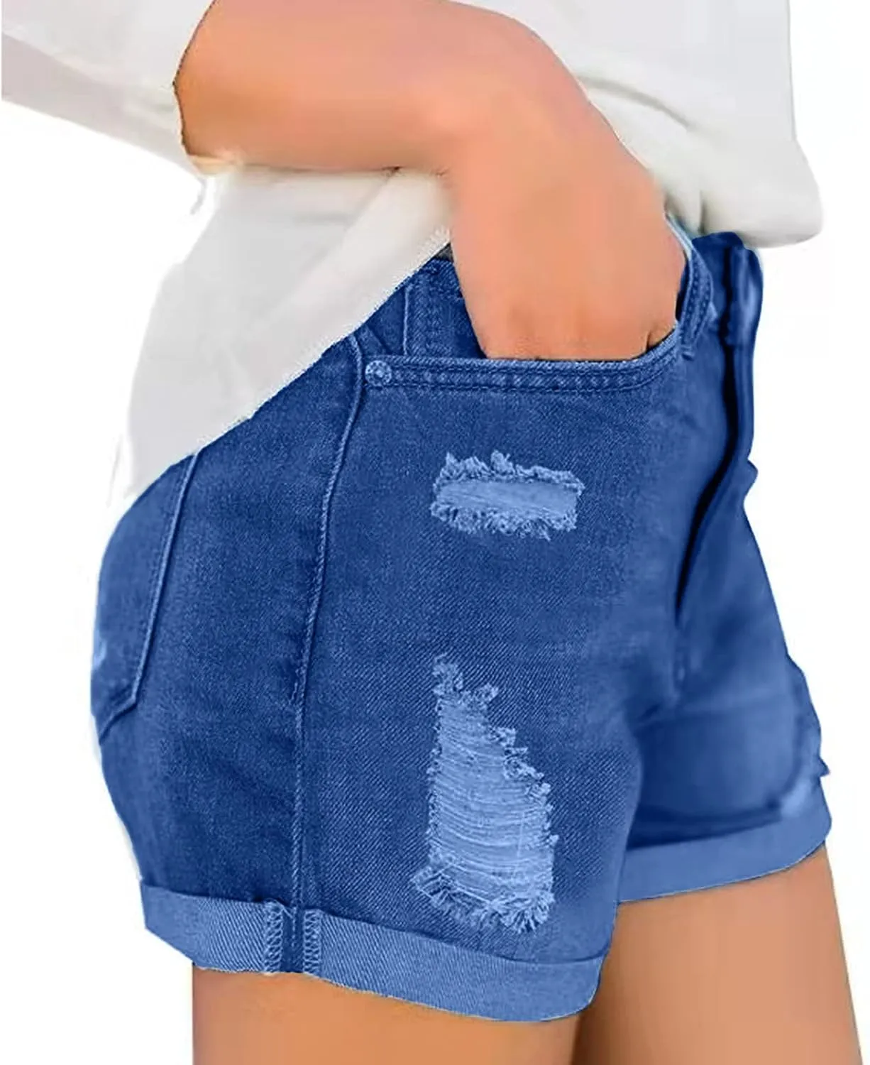 iLH Women's Sexy Summer Mid Waist Ripped Jean, Women's High Waisted Rolled Hem Distressed Jeans Ripped Denim Shorts
