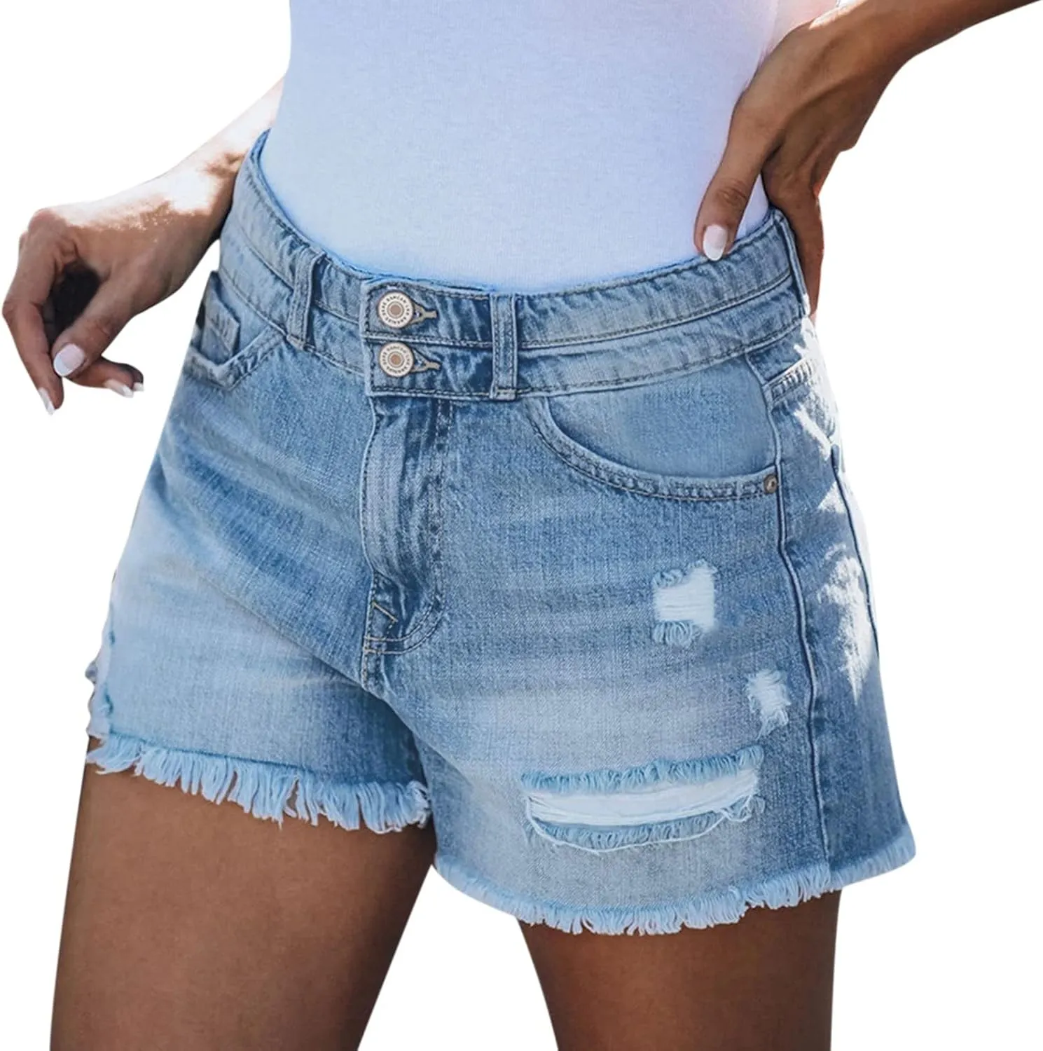 iLH Women's Sexy Summer Mid Waist Ripped Jean, Women's High Waisted Rolled Hem Distressed Jeans Ripped Denim Shorts