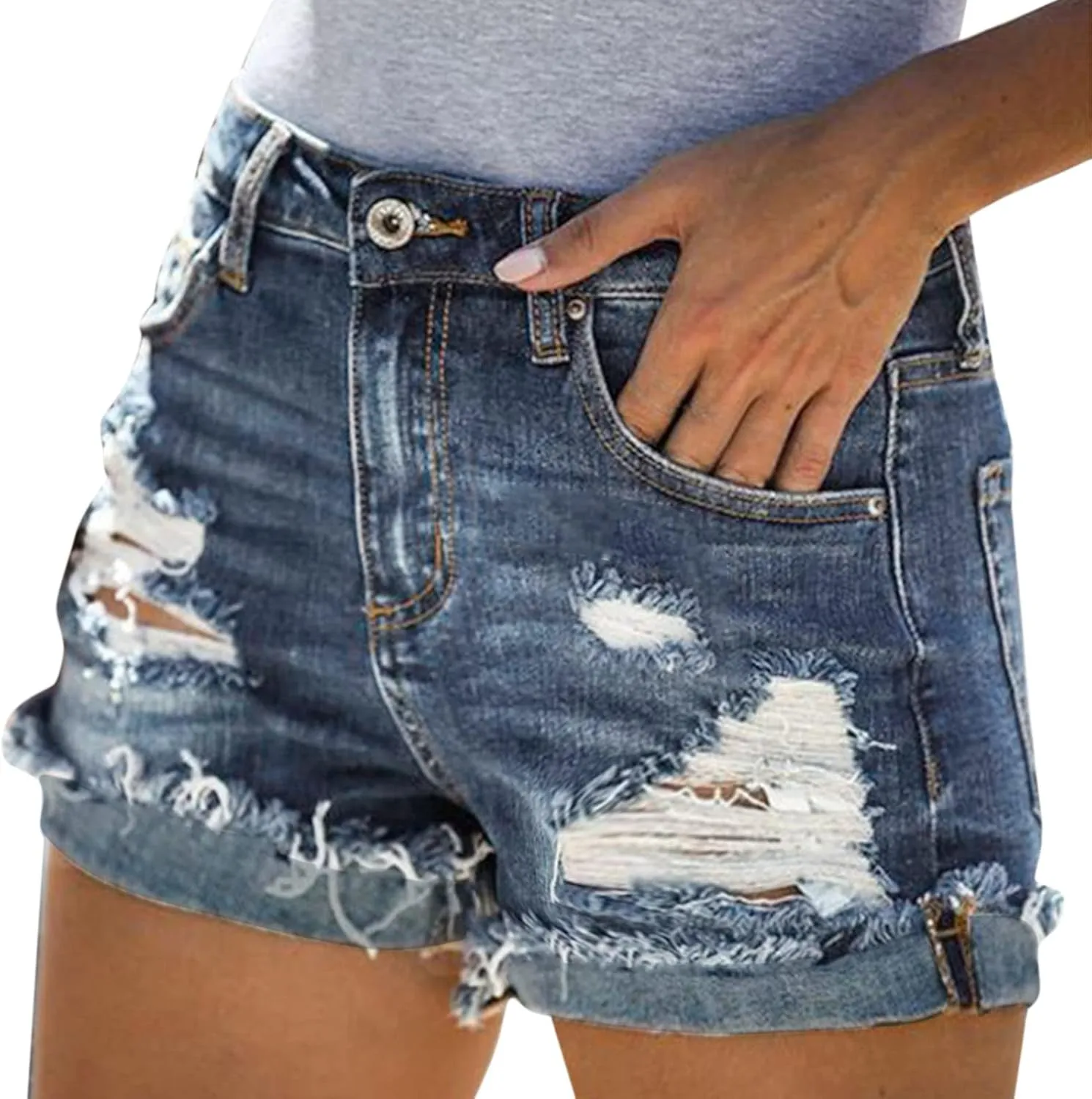 iLH Women's Sexy Summer Mid Waist Ripped Jean, Women's High Waisted Rolled Hem Distressed Jeans Ripped Denim Shorts