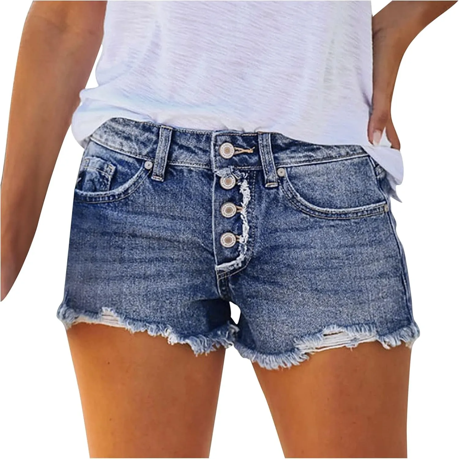 iLH Women's Sexy Summer Mid Waist Ripped Jean, Women's High Waisted Rolled Hem Distressed Jeans Ripped Denim Shorts