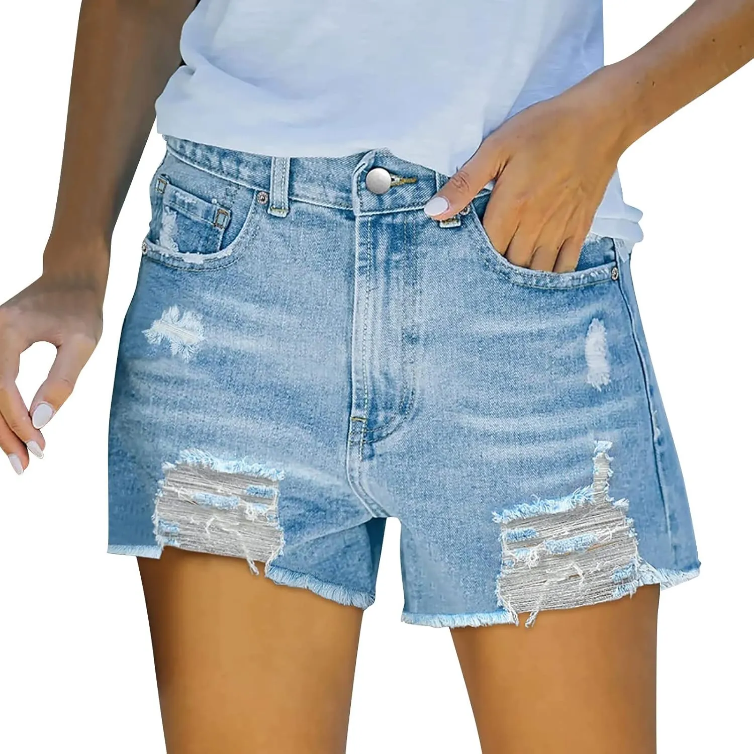 iLH Women's Sexy Summer Mid Waist Ripped Jean, Women's High Waisted Rolled Hem Distressed Jeans Ripped Denim Shorts