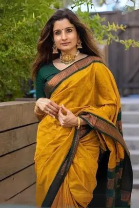 Impressive Mustard Soft Silk Saree With Enticing Blouse Piece