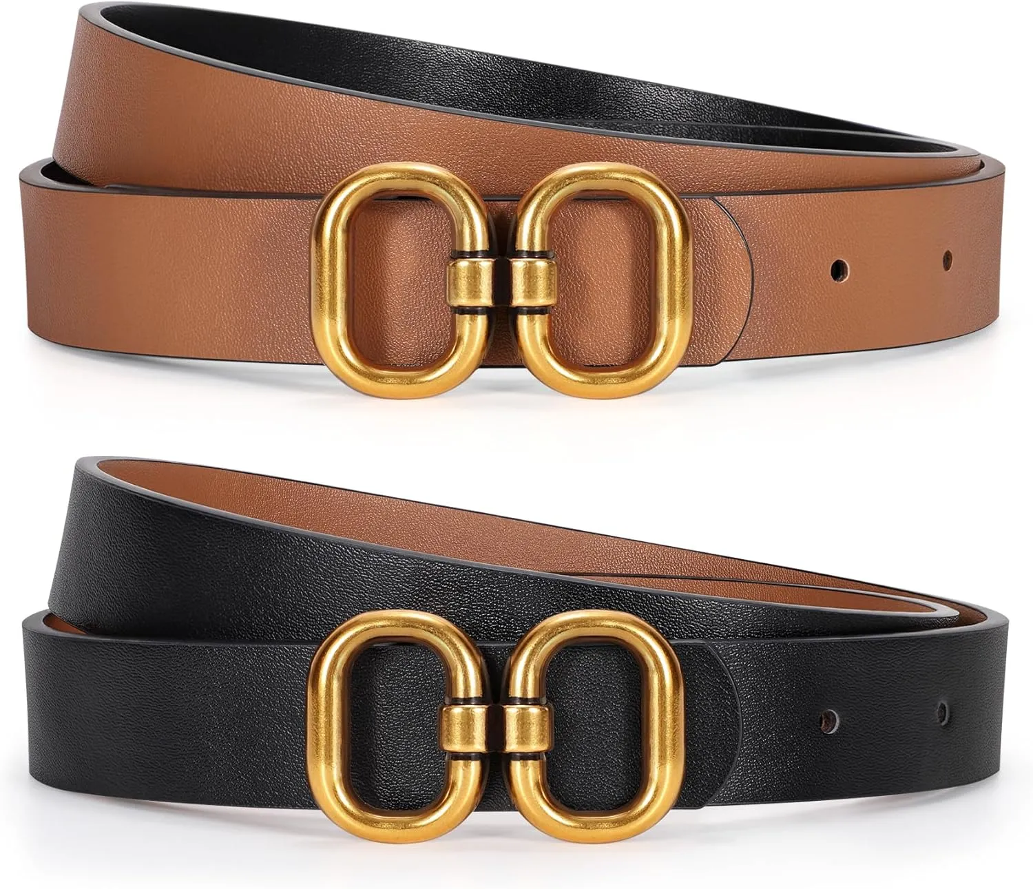KASBAH Women Reversible Leather Belt for Jeans Dresses Two-in-One Ladies Waist Belt With Gold Buckle