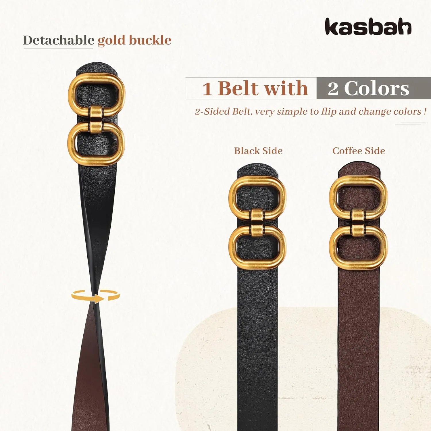 KASBAH Women Reversible Leather Belt for Jeans Dresses Two-in-One Ladies Waist Belt With Gold Buckle