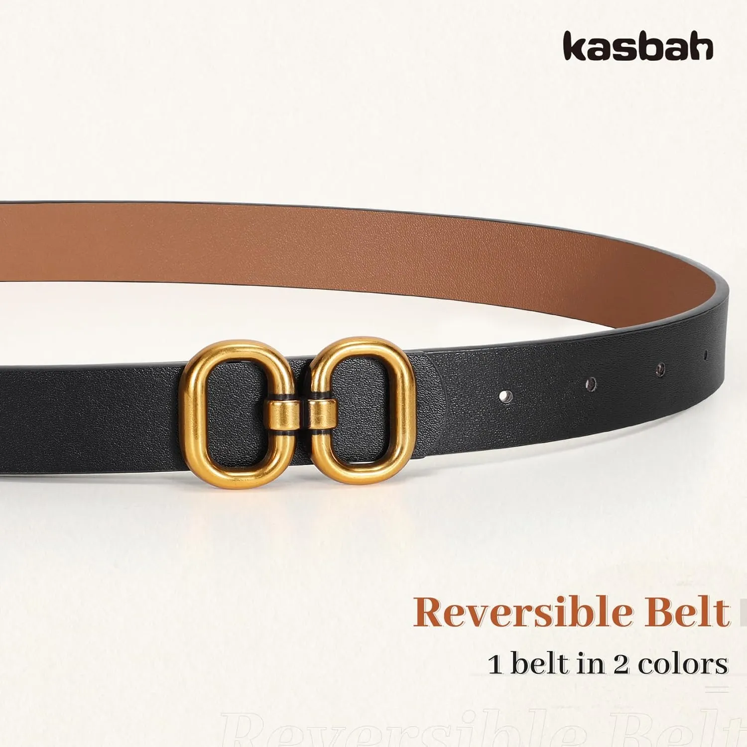 KASBAH Women Reversible Leather Belt for Jeans Dresses Two-in-One Ladies Waist Belt With Gold Buckle