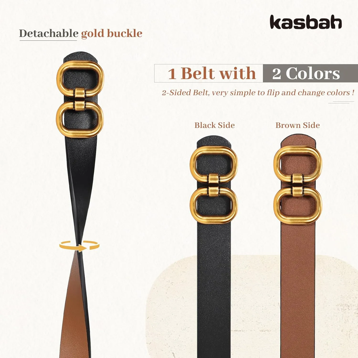 KASBAH Women Reversible Leather Belt for Jeans Dresses Two-in-One Ladies Waist Belt With Gold Buckle