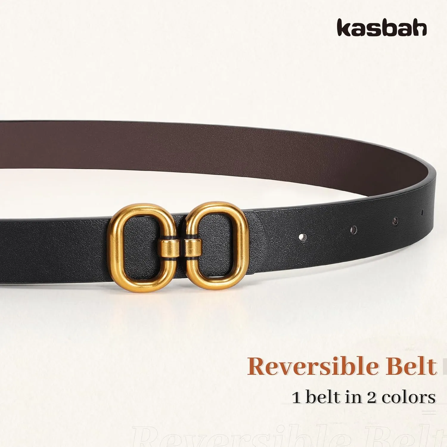 KASBAH Women Reversible Leather Belt for Jeans Dresses Two-in-One Ladies Waist Belt With Gold Buckle
