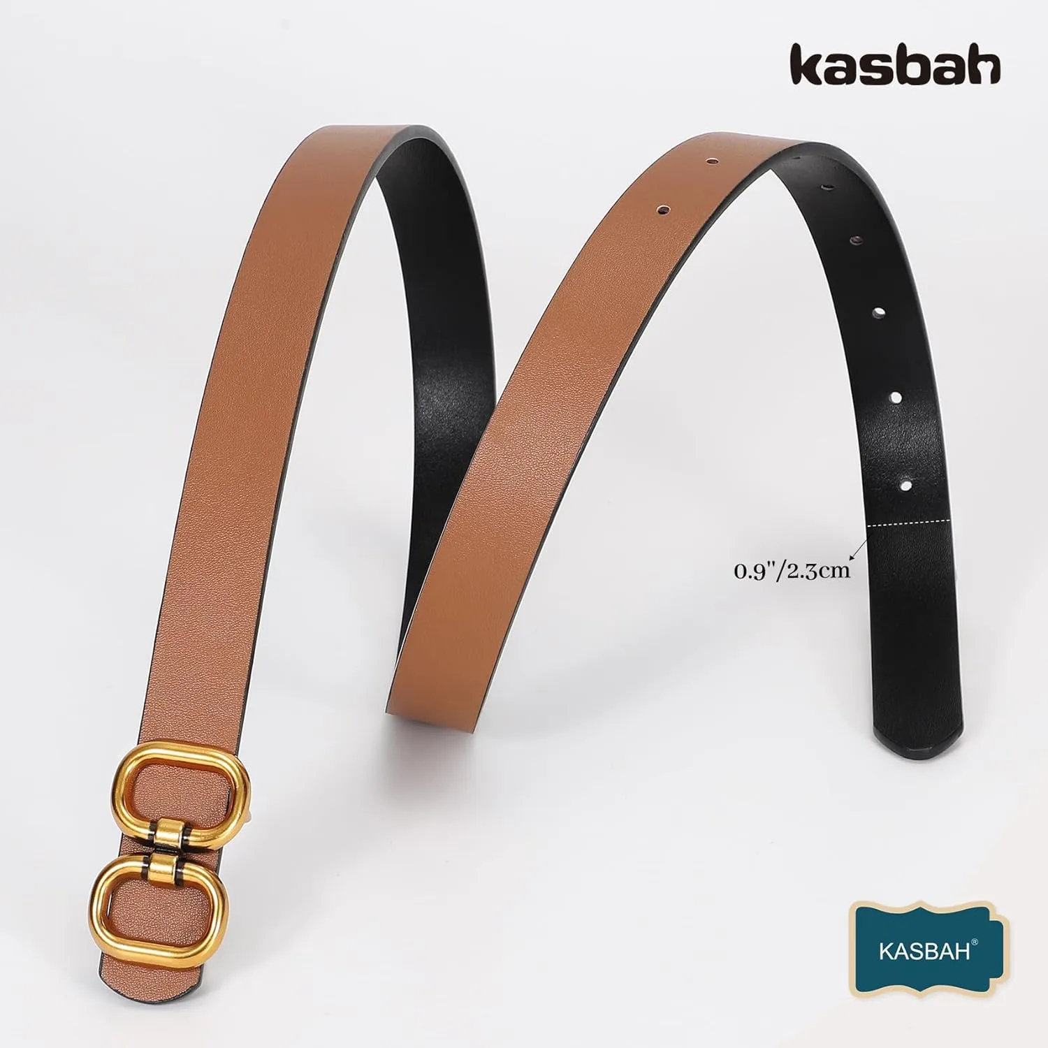 KASBAH Women Reversible Leather Belt for Jeans Dresses Two-in-One Ladies Waist Belt With Gold Buckle