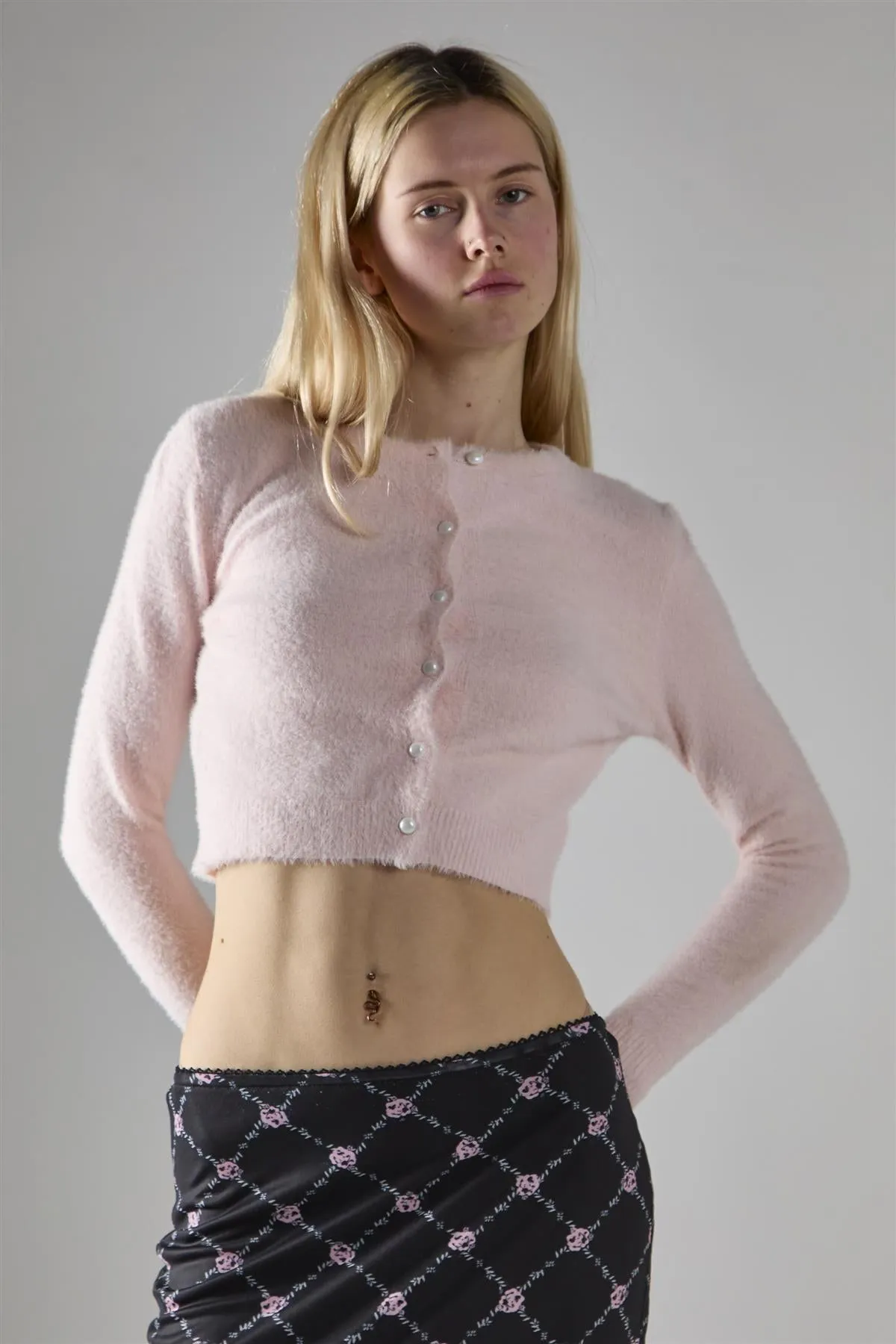 Light Pink Long Sleeve Crop-Cardigan